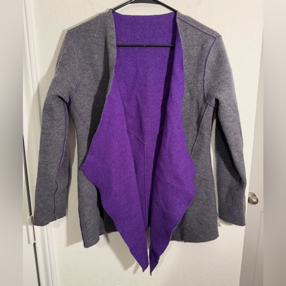 Eileen Fisher Merino Wool Purple Gray Open Front Cardigan Sweater Size Medium